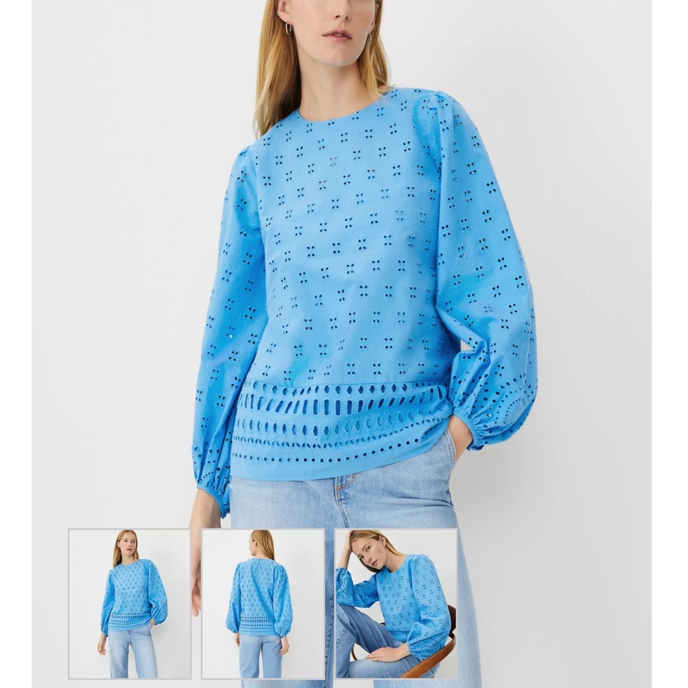 Blue Eyelet Long Sleeve Blouse